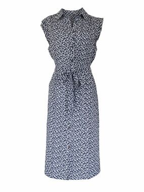 Navy Floral Shirt Dress Button Front Tie Waist Midi Cottagecore Casual Chic L